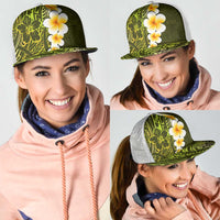 Lime Green Polynesia Mesh Trucker Cap Plumeria Tropical Leaves With Galaxy Polynesian Art - Polynesian Pride