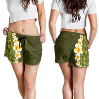 Lime Green Polynesia Shorts for Women Plumeria Tropical Leaves With Galaxy Polynesian Art - Polynesian Pride