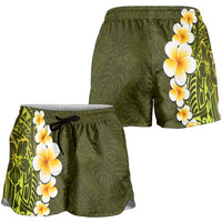 Lime Green Polynesia Shorts for Women Plumeria Tropical Leaves With Galaxy Polynesian Art - Polynesian Pride