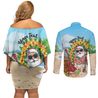 Personalized Hawaii Golf Christmas Couples Matching Off Shoulder Short Dress and Long Sleeve Button Shirt Mele Kalikimaka Funny Golfer Santa - Polynesian Pride
