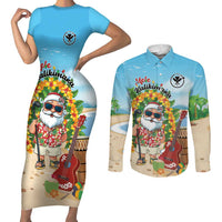 Personalized Hawaii Golf Christmas Couples Matching Short Sleeve Bodycon Dress and Long Sleeve Button Shirt Mele Kalikimaka Funny Golfer Santa LT01 Blue - Polynesian Pride
