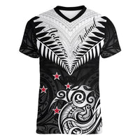 New Zealand Women V Neck T Shirt Aotearoa Maori Kiwi Black Fern LT01 Female Black - Polynesian Pride