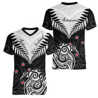 New Zealand Women V Neck T Shirt Aotearoa Maori Kiwi Black Fern LT01 - Polynesian Pride
