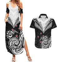 Personalised New Zealand Couples Matching Summer Maxi Dress and Hawaiian Shirt Aotearoa Maori Kiwi Black Fern LT01 Black - Polynesian Pride