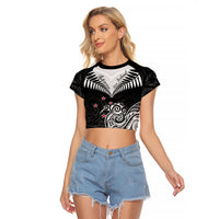 Personalised New Zealand Raglan Cropped T Shirt Aotearoa Maori Kiwi Black Fern LT01 Female Black - Polynesian Pride