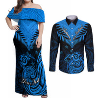 Personalised New Zealand Couples Matching Off Shoulder Maxi Dress and Long Sleeve Button Shirts Aotearoa Blue Maori Kiwi Blue Fern LT01 Blue - Polynesian Pride