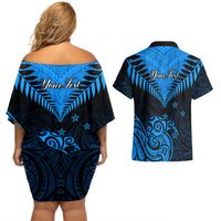 Personalised New Zealand Couples Matching Off Shoulder Short Dress and Hawaiian Shirt Aotearoa Blue Maori Kiwi Blue Fern LT01 - Polynesian Pride