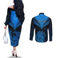Personalised New Zealand Couples Matching Off The Shoulder Long Sleeve Dress and Long Sleeve Button Shirts Aotearoa Blue Maori Kiwi Blue Fern LT01 - Polynesian Pride