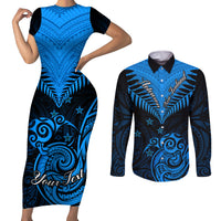 Personalised New Zealand Couples Matching Short Sleeve Bodycon Dress and Long Sleeve Button Shirts Aotearoa Blue Maori Kiwi Blue Fern LT01 Blue - Polynesian Pride