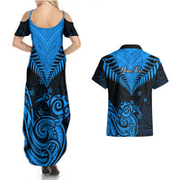 Personalised New Zealand Couples Matching Summer Maxi Dress and Hawaiian Shirt Aotearoa Blue Maori Kiwi Blue Fern LT01 - Polynesian Pride