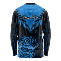 Personalised New Zealand Long Sleeve Shirt Aotearoa Blue Maori Kiwi Blue Fern LT01
