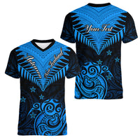 Personalised New Zealand Women V Neck T Shirt Aotearoa Blue Maori Kiwi Blue Fern LT01 - Polynesian Pride