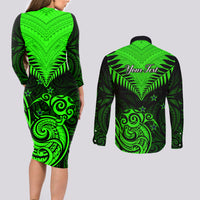 Personalised New Zealand Couples Matching Long Sleeve Bodycon Dress and Long Sleeve Button Shirts Aotearoa Maori Kiwi Green Fern LT01 - Polynesian Pride