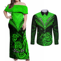 Personalised New Zealand Couples Matching Off Shoulder Maxi Dress and Long Sleeve Button Shirts Aotearoa Maori Kiwi Green Fern LT01 Green - Polynesian Pride