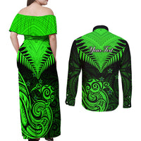 Personalised New Zealand Couples Matching Off Shoulder Maxi Dress and Long Sleeve Button Shirts Aotearoa Maori Kiwi Green Fern LT01 - Polynesian Pride