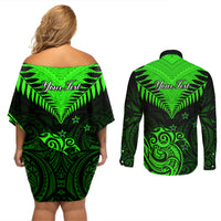 Personalised New Zealand Couples Matching Off Shoulder Short Dress and Long Sleeve Button Shirts Aotearoa Maori Kiwi Green Fern LT01 - Polynesian Pride