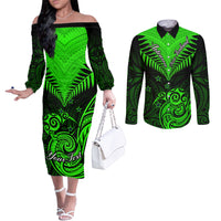 Personalised New Zealand Couples Matching Off The Shoulder Long Sleeve Dress and Long Sleeve Button Shirts Aotearoa Maori Kiwi Green Fern LT01 Green - Polynesian Pride