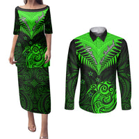 Personalised New Zealand Couples Matching Puletasi Dress and Long Sleeve Button Shirts Aotearoa Maori Kiwi Green Fern LT01 Green - Polynesian Pride