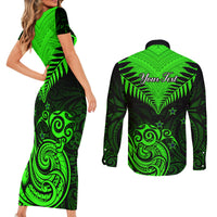 Personalised New Zealand Couples Matching Short Sleeve Bodycon Dress and Long Sleeve Button Shirts Aotearoa Maori Kiwi Green Fern LT01 - Polynesian Pride