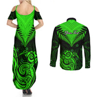 Personalised New Zealand Couples Matching Summer Maxi Dress and Long Sleeve Button Shirts Aotearoa Maori Kiwi Green Fern LT01 - Polynesian Pride