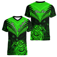 Personalised New Zealand Women V Neck T Shirt Aotearoa Maori Kiwi Green Fern LT01 - Polynesian Pride