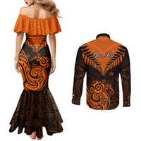 Personalised New Zealand Couples Matching Mermaid Dress and Long Sleeve Button Shirts Aotearoa Maori Kiwi Orange Fern LT01 - Polynesian Pride