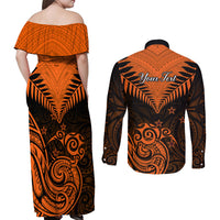 Personalised New Zealand Couples Matching Off Shoulder Maxi Dress and Long Sleeve Button Shirts Aotearoa Maori Kiwi Orange Fern LT01 - Polynesian Pride