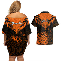 Personalised New Zealand Couples Matching Off Shoulder Short Dress and Hawaiian Shirt Aotearoa Maori Kiwi Orange Fern LT01 - Polynesian Pride