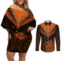 Personalised New Zealand Couples Matching Off Shoulder Short Dress and Long Sleeve Button Shirts Aotearoa Maori Kiwi Orange Fern LT01 Orange - Polynesian Pride