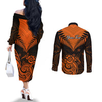 Personalised New Zealand Couples Matching Off The Shoulder Long Sleeve Dress and Long Sleeve Button Shirts Aotearoa Maori Kiwi Orange Fern LT01 - Polynesian Pride