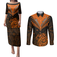Personalised New Zealand Couples Matching Puletasi Dress and Long Sleeve Button Shirts Aotearoa Maori Kiwi Orange Fern LT01 Orange - Polynesian Pride