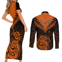 Personalised New Zealand Couples Matching Short Sleeve Bodycon Dress and Long Sleeve Button Shirts Aotearoa Maori Kiwi Orange Fern LT01 - Polynesian Pride