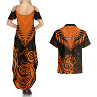 Personalised New Zealand Couples Matching Summer Maxi Dress and Hawaiian Shirt Aotearoa Maori Kiwi Orange Fern LT01 - Polynesian Pride