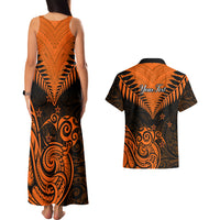 Personalised New Zealand Couples Matching Tank Maxi Dress And Hawaiian Shirt Aotearoa Maori Kiwi Orange Fern LT01 - Polynesian Pride