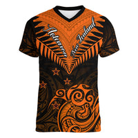 Personalised New Zealand Women V Neck T Shirt Aotearoa Maori Kiwi Orange Fern LT01 Female Orange - Polynesian Pride