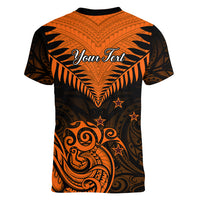 Personalised New Zealand Women V Neck T Shirt Aotearoa Maori Kiwi Orange Fern LT01 - Polynesian Pride