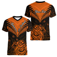 Personalised New Zealand Women V Neck T Shirt Aotearoa Maori Kiwi Orange Fern LT01 - Polynesian Pride