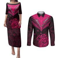 Personalised Aotearoa Couples Matching Puletasi Dress and Long Sleeve Button Shirts Maori Kiwi Pink Fern LT01 Pink - Polynesian Pride