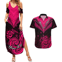 Personalised Aotearoa Couples Matching Summer Maxi Dress and Hawaiian Shirt Maori Kiwi Pink Fern LT01 Pink - Polynesian Pride