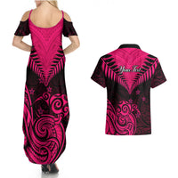 Personalised Aotearoa Couples Matching Summer Maxi Dress and Hawaiian Shirt Maori Kiwi Pink Fern LT01 - Polynesian Pride