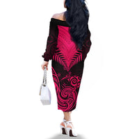 Personalised Aotearoa Off The Shoulder Long Sleeve Dress Maori Kiwi Pink Fern LT01 - Polynesian Pride