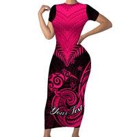 Personalised Aotearoa Short Sleeve Bodycon Dress Maori Kiwi Pink Fern LT01 Long Dress Pink - Polynesian Pride