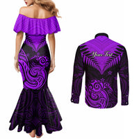 Personalised Aotearoa Couples Matching Mermaid Dress and Long Sleeve Button Shirts Maori Kiwi Purple Fern LT01 - Polynesian Pride