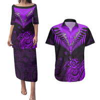 Personalised Aotearoa Couples Matching Puletasi Dress and Hawaiian Shirt Maori Kiwi Purple Fern LT01 Purple - Polynesian Pride