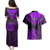 Personalised Aotearoa Couples Matching Puletasi Dress and Hawaiian Shirt Maori Kiwi Purple Fern LT01 - Polynesian Pride