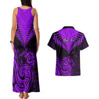 Personalised Aotearoa Couples Matching Tank Maxi Dress And Hawaiian Shirt Maori Kiwi Purple Fern LT01 - Polynesian Pride