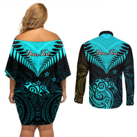 Personalised Aotearoa Couples Matching Off Shoulder Short Dress and Long Sleeve Button Shirts Maori Kiwi Turquoise Fern LT01 - Polynesian Pride