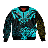 Personalised Aotearoa Sleeve Zip Bomber Jacket Maori Kiwi Turquoise Fern LT01 Unisex Turquoise - Polynesian Pride