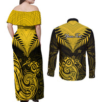 Personalised Aotearoa Couples Matching Off Shoulder Maxi Dress and Long Sleeve Button Shirts Maori Kiwi Yellow Fern LT01 - Polynesian Pride
