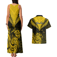 Personalised Aotearoa Couples Matching Tank Maxi Dress And Hawaiian Shirt Maori Kiwi Yellow Fern LT01 - Polynesian Pride